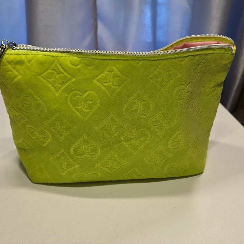 Juicy Couture Green Embossed Zip Makeup Bag Pouch with Pink Lining